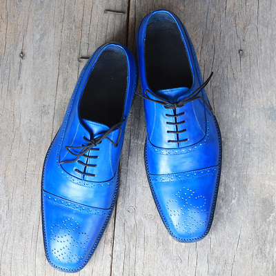 Men's handmade blue color leather formal shoes, men's cap toe brogue lace up shoes - Thumbnail 4