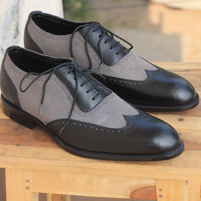 Men's handmade black gray suede leather formal shoes, men's wing tip lace up shoes - Thumbnail 3