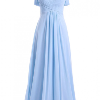 A-line off shoulder sky blue long chiffon bridesmaid dresses - Thumbnail 3