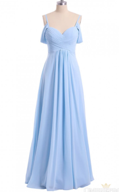 A-line Off Shoulder Sky Blue Long Chiffon Bridesmaid Dresses