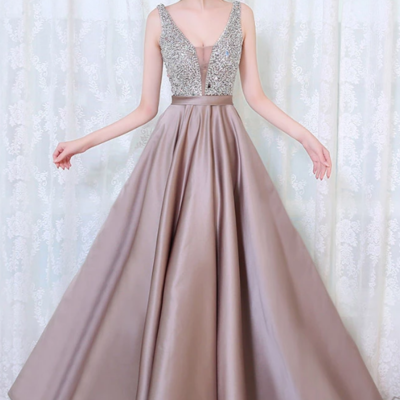 Sexy v neck long satin prom dresses with sequins - Thumbnail 5