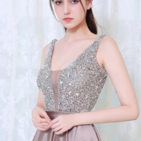 Sexy V Neck Long Satin Prom Dresses with Sequins - Thumbnail 1