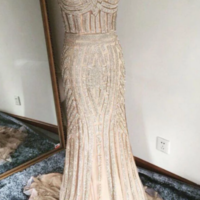 Sexy trumpet sweep train spaghetti long beading prom dress，evening dress - Thumbnail 5