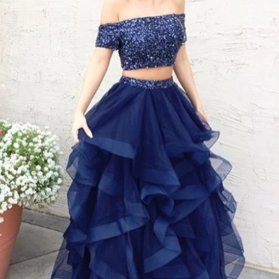 Floor length two piece navy blue long prom dress,evening dress - Thumbnail 5
