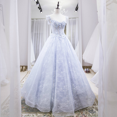 Blue tulle lace long prom dress evening dress - Thumbnail 5