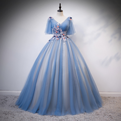 Blue v neck tulle lace long prom dress formal gown - Thumbnail 5