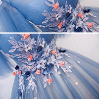 Blue v neck tulle lace long prom dress formal gown - Thumbnail 3