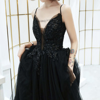 Black v neck tulle beads long prom dress evening dress - Thumbnail 1