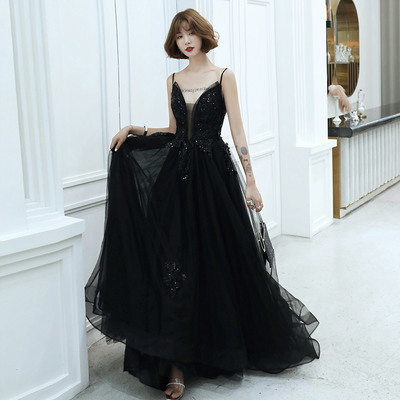 Black v neck tulle beads long prom dress evening dress - Thumbnail 4