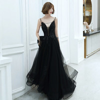 Black v neck tulle beads long prom dress evening dress - Thumbnail 2