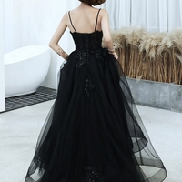 Black v neck tulle beads long prom dress evening dress - Thumbnail 4