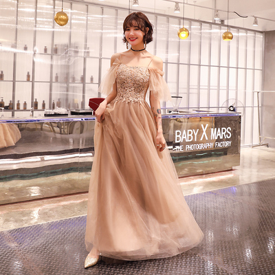 Coffee tulle lace long prom dress evening dress - Thumbnail 4