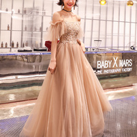 Coffee tulle lace long prom dress evening dress - Thumbnail 4