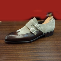 Handmade Brown Gray Double Monk shoes, Dress shoes - Thumbnail 1