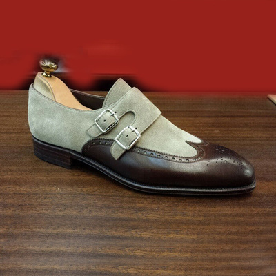 Handmade brown gray double monk shoes, dress shoes - Thumbnail 4