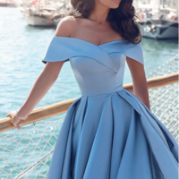 A-Line Off-the-Shoulder Court Train Blue Prom Dress with Split Pockets,254 - Thumbnail 1