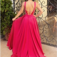 A-Line Deep V-Neck Sweep Train Woven Satin Prom Dresses Evening Dress,256 - Thumbnail 1