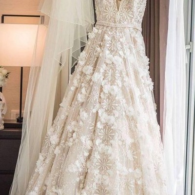 Spaghetti straps v neck long wedding dresses with appliques flowers,262 - Thumbnail 5