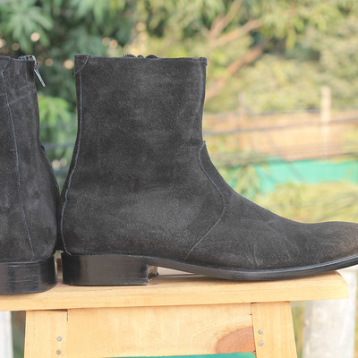 Ankle high black color boot, men's handmade suede side zipper boots for men's - Thumbnail 4