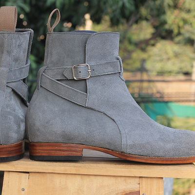 Ankle high gray color jodhpurs boot, men's handmade suede buckle boots - Thumbnail 2