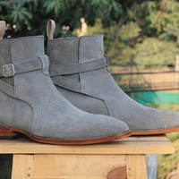 Ankle High Gray Color Jodhpurs Boot, Men's Handmade Suede Buckle Boots - Thumbnail 2
