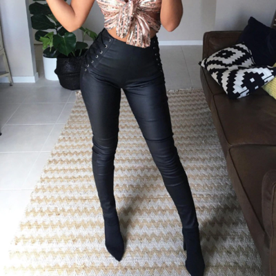 Sexy side lace up black faux leather pants leggings - Thumbnail 4