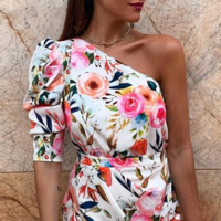 One Shoulder Floral Print Bodycon Dress - Thumbnail 1