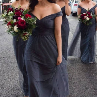 Simple off the shoulder grey tulle cheap bridesmaid dresses - Thumbnail 4