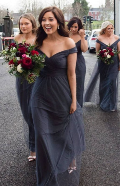 Simple Off the Shoulder Grey Tulle Cheap Bridesmaid Dresses