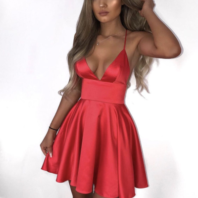 Spaghetti straps deep v-neck red short prom dress,cocktail dresses - Thumbnail 5