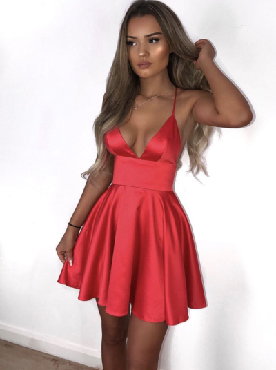 Spaghetti Straps Deep V-neck Red Short Prom Dress,Cocktail Dresses