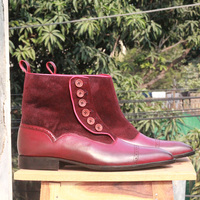 Men's Handmade Ankle High Burgundy Cap Toe Boot,Leather Suede Button Top Boots For men's - Thumbnail 1