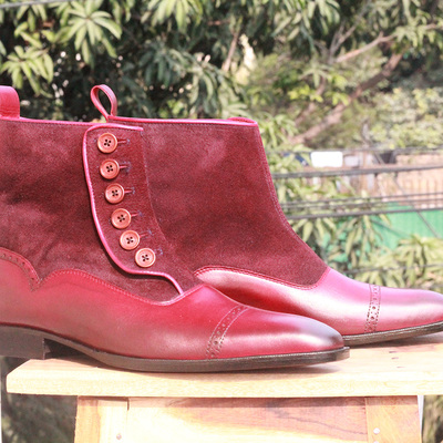 Men's handmade ankle high burgundy cap toe boot,leather suede button top boots for men's - Thumbnail 3