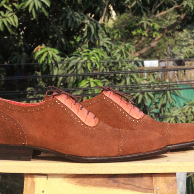 Men's handmade brown color suede formal shoes, men's cap toe lace up shoes - Thumbnail 3