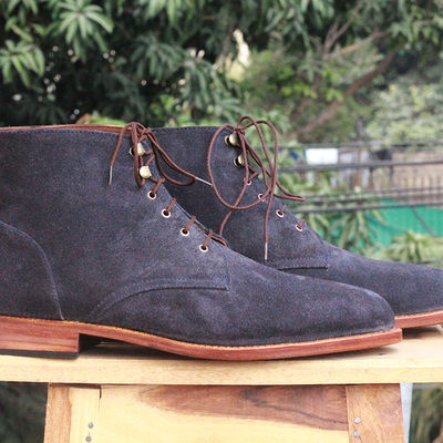  men's handmade ankle high navy blue lace up boot, suede boots - Thumbnail 3