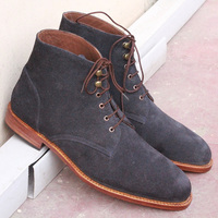  Men's Handmade Ankle High Navy Blue Lace Up Boot, Suede Boots - Thumbnail 2