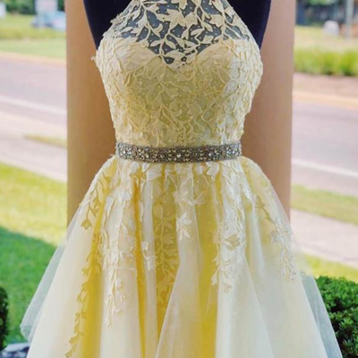 Cute a-line tulle halter appliqued homecoming dress with beading , short prom dress - Thumbnail 5