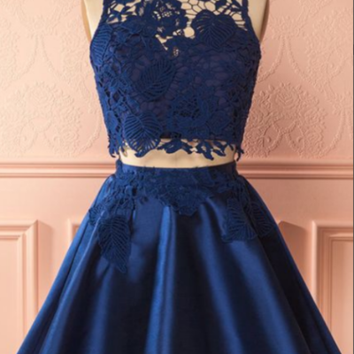 Two pieces navy blue satin homecoming dresses - Thumbnail 5