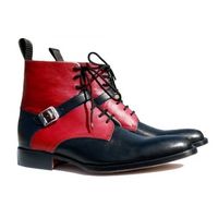 Ankle High Red Black Buckle Boot, Men's Handmade Leather Lace Up Boots - Thumbnail 1