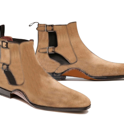 Ankle high beige color chelsea boot, men's handmade suede double buckle boots - Thumbnail 3