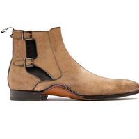 Ankle High Beige Color Chelsea Boot, Men's Handmade Suede Double Buckle Boots - Thumbnail 1