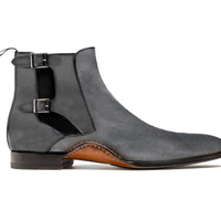Ankle High Gray Color Chelsea Boot, Men's Handmade Suede Double Buckle Boots - Thumbnail 1