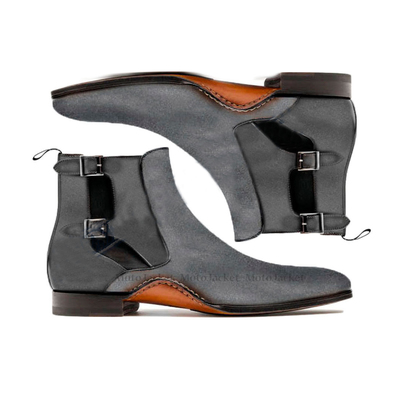 Ankle high gray color chelsea boot, men's handmade suede double buckle boots - Thumbnail 2