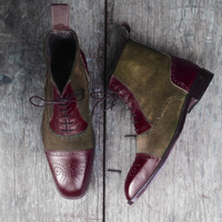 Ankle High Burgundy Brown Lace Up Brogue Boot, Men's Handmade Leather Suede Cap Toe Boots - Thumbnail 1
