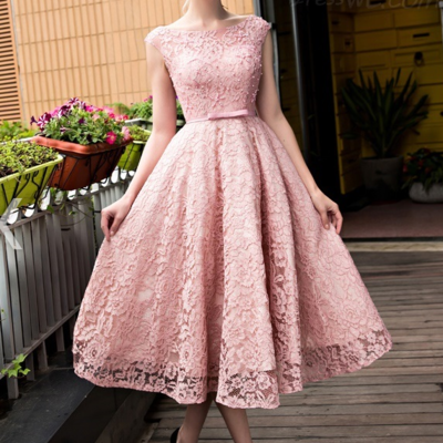 Vintage bateau tea-length lace short prom dress, homecoming dress - Thumbnail 4