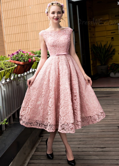 Vintage Bateau Tea-Length Lace Short Prom Dress, Homecoming Dress