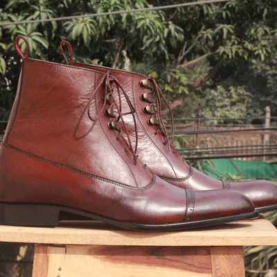 Handmade men's brown ankle high boot, men's leather cap toe lace up boot - Thumbnail 5