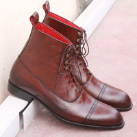 Handmade Men's Brown Ankle High Boot, Men's Leather Cap Toe Lace Up Boot - Thumbnail 2