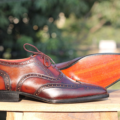 Men's handmade tan brown color leather formal shoes, men's wing tip lace up shoes - Thumbnail 3