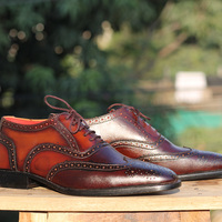 Men's Handmade Tan Brown Color Leather formal shoes, Men's Wing Tip Lace Up Shoes - Thumbnail 2